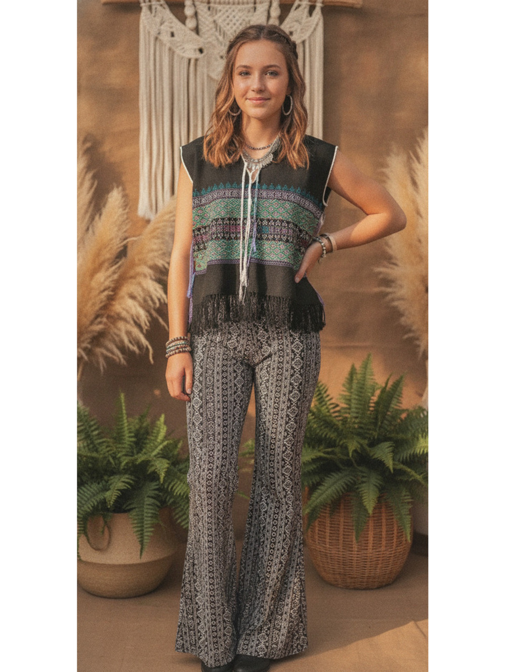 Boho Two-Piece Outfit with Patterned Fringe Top and Printed Flared Pants
